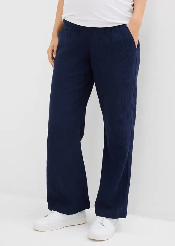 Umstandshose aus reinem Baumwoll-Musselin, Loose Fit in blau von vorne - bonprix