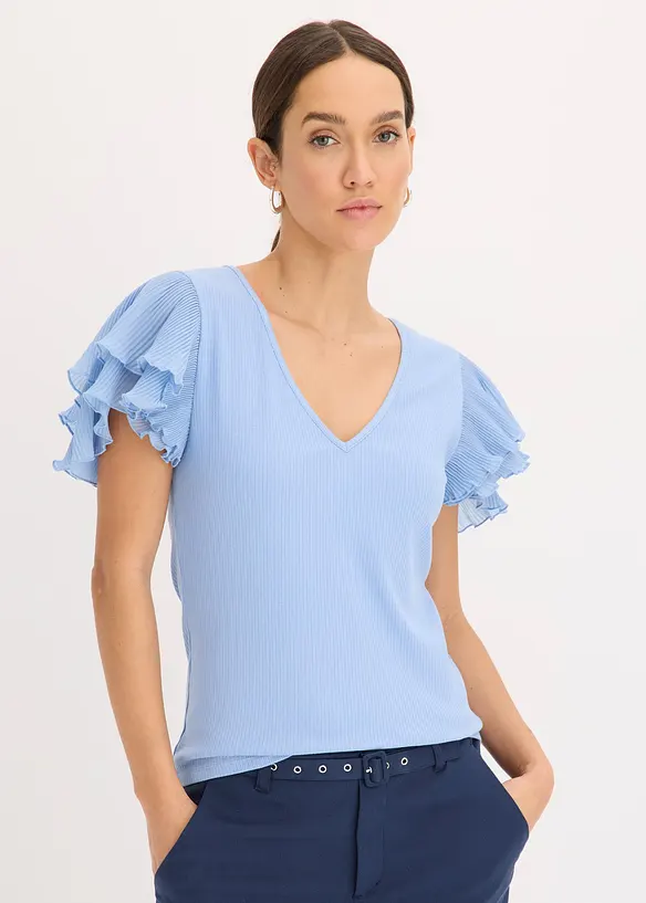 Shirt mit Volants in blau von vorne (im Anschnitt) - bonprix