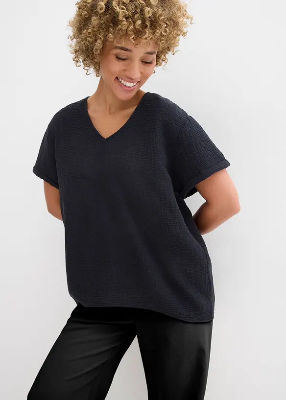 Musselin-Tunika aus reiner Baumwolle in schwarz von vorne (im Anschnitt) - bonprix
