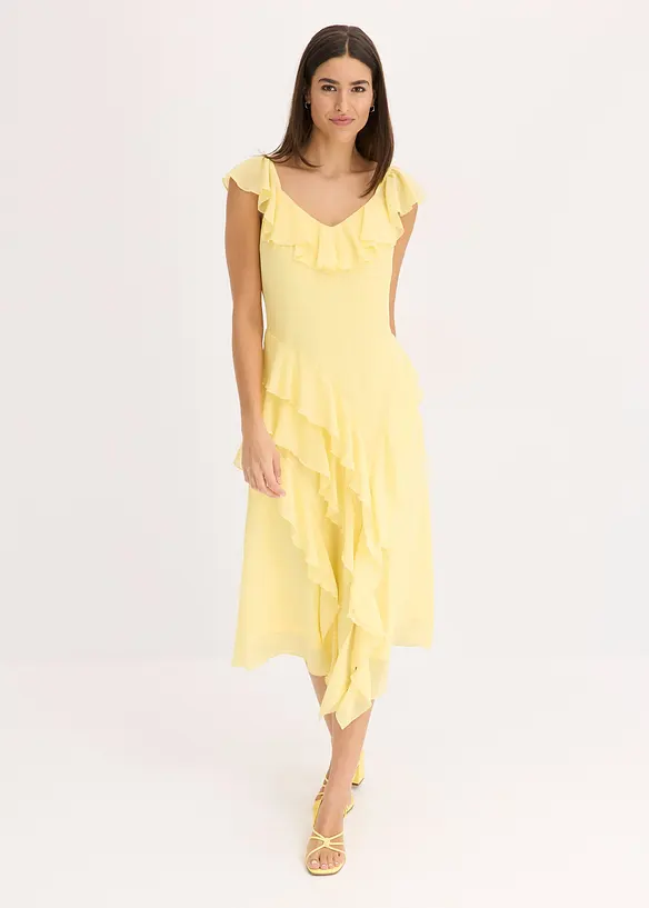 Chiffonkleid mit Trägern und Volants in gelb von vorne (Totalaufnahme) - bonprix Chiffonkleid mit Trägern und Volants in gelb von vorne (Totalaufnahme) - bonprix