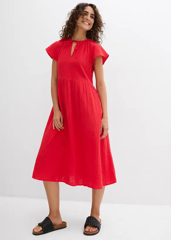 Musselin-Midikleid aus reiner Baumwolle in rot von vorne (Totalaufnahme) - bonprix Musselin-Midikleid aus reiner Baumwolle in rot von vorne (Totalaufnahme) - bonprix