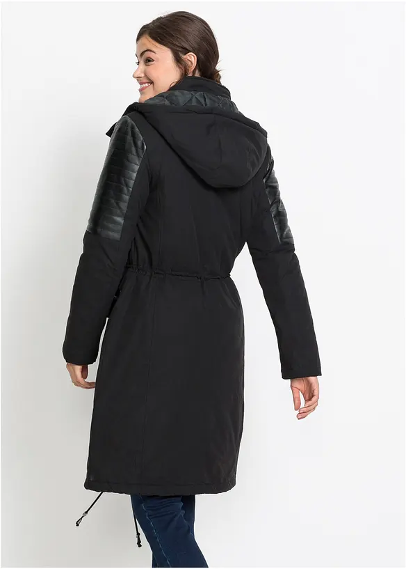 Long-Parka mit Lederimitateinsatz in schwarz von hinten (Totalaufnahme) - bonprix