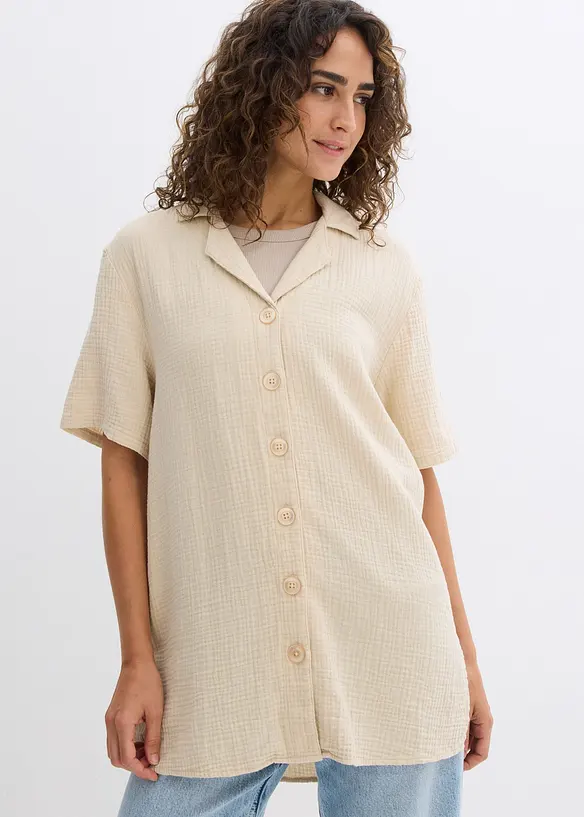Musselin-Hemdbluse aus reiner Baumwolle in beige von vorne (im Anschnitt) - bonprix