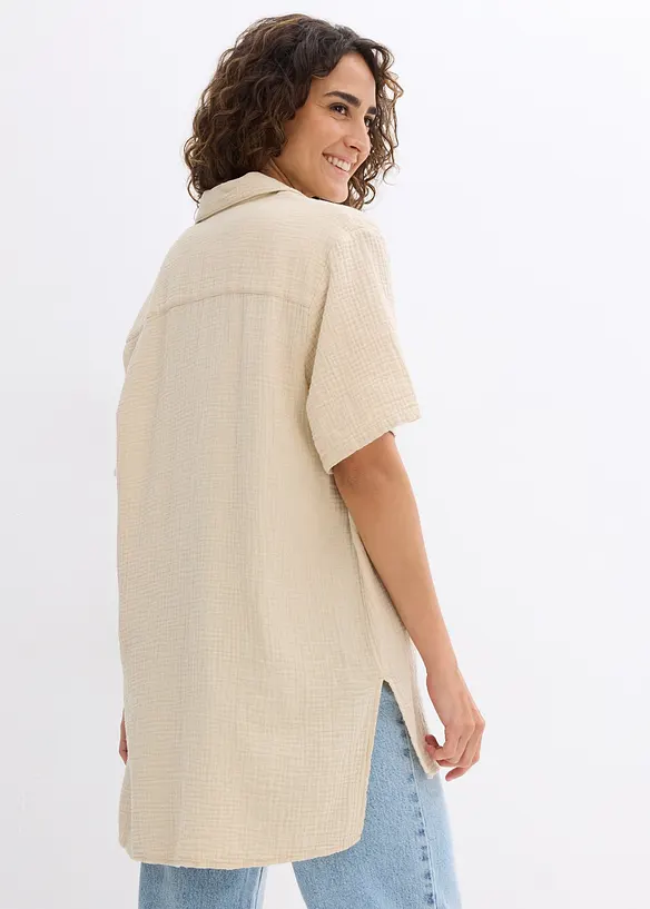 Musselin-Hemdbluse aus reiner Baumwolle in beige von hinten (im Anschnitt) - bonprix