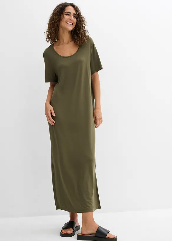 Jerseykleid aus fließendem Viskose-Mix in grün von vorne (Totalaufnahme) - bonprix