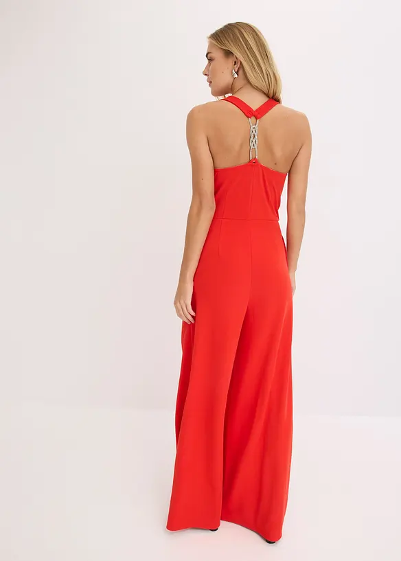 Jumpsuit mit Wasserfallausschnitt in rot von hinten (Totalaufnahme) - bonprix
