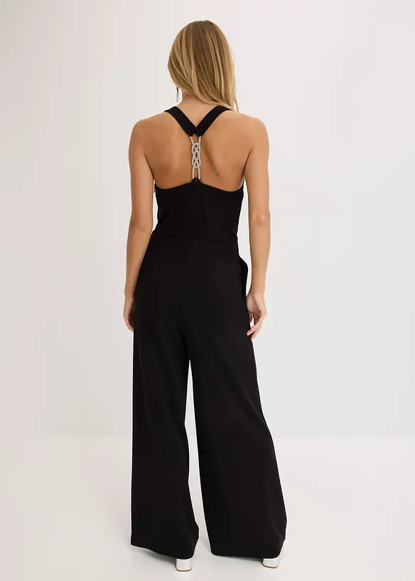 Jumpsuit mit Wasserfallausschnitt in schwarz von hinten (Totalaufnahme) - bonprix