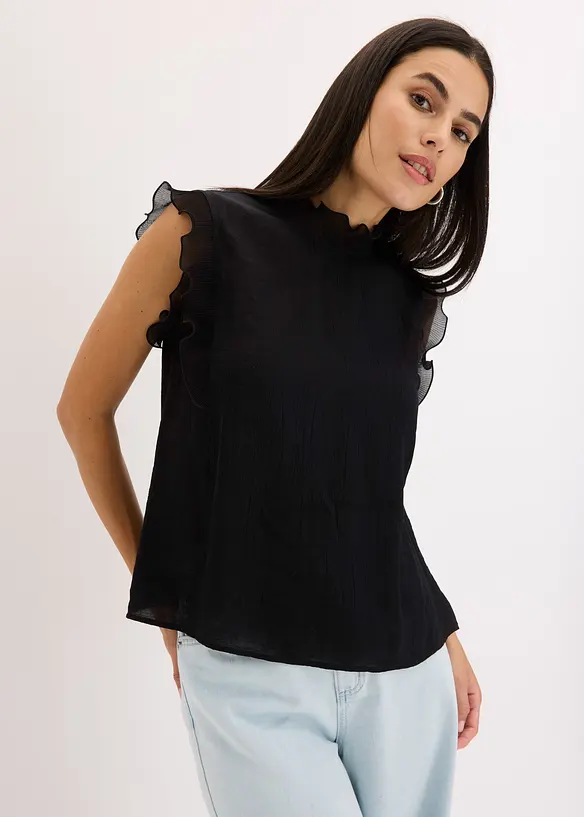 Bluse mit Volants in schwarz von vorne (im Anschnitt) - bonprix