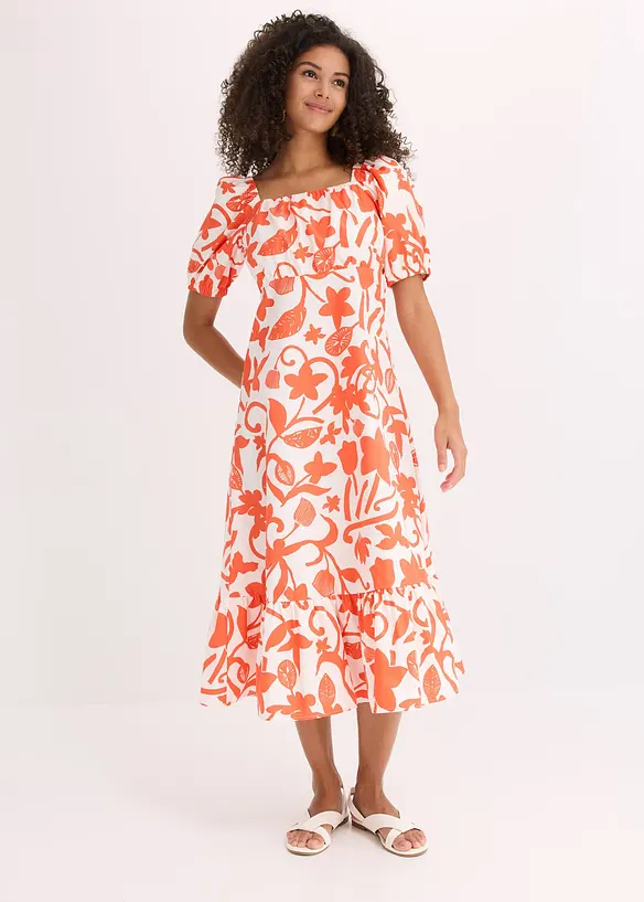 Midikleid aus reiner Bio-Baumwolle in orange von vorne (Totalaufnahme) - bonprix Midikleid aus reiner Bio-Baumwolle in orange von vorne (Totalaufnahme) - bonprix