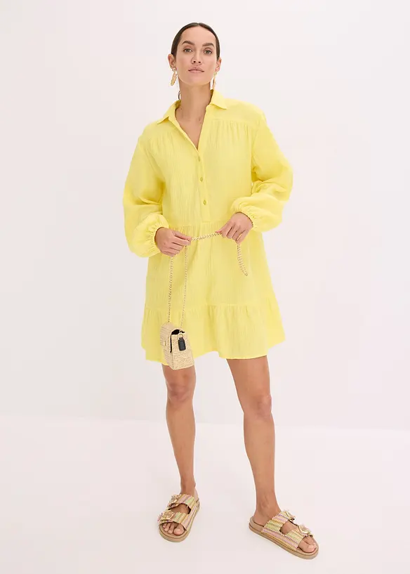 Kurzes Stufen-Kleid aus Musselin in gelb von vorne (Totalaufnahme) - bonprix