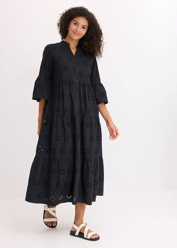 Midikleid aus reiner Baumwolle mit Lochstickerei in schwarz von vorne (Totalaufnahme) - bonprix Midikleid aus reiner Baumwolle mit Lochstickerei in schwarz von vorne (Totalaufnahme) - bonprix