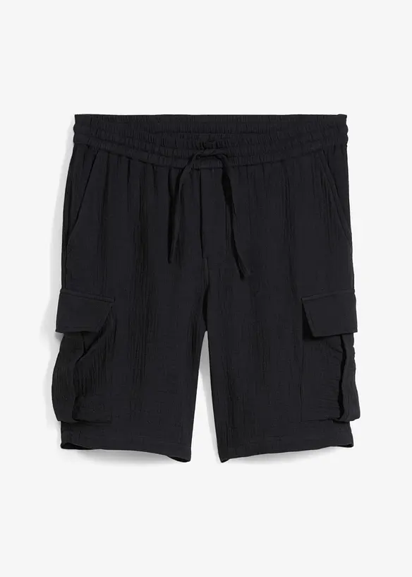 Regular-Fit Cargobermuda aus luftigem Musselin in schwarz von vorne - bonprix