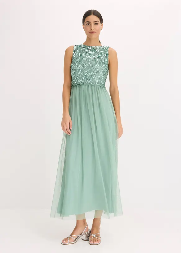 Maxikleid mit Paillettenstickerei in grün von vorne (Totalaufnahme) - bonprix Maxikleid mit Paillettenstickerei in grün von vorne (Totalaufnahme) - bonprix