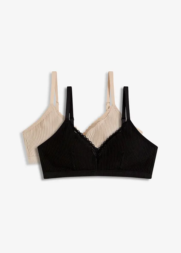 Gepolstertes Bralette ohne Bügel mit Bio-Baumwolle (2er Pack) in schwarz von vorne - bonprix