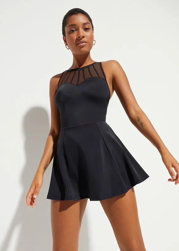 Medium Shape-Badekleid mit transparentem Mesh in schwarz von vorne (Totalaufnahme) - bonprix