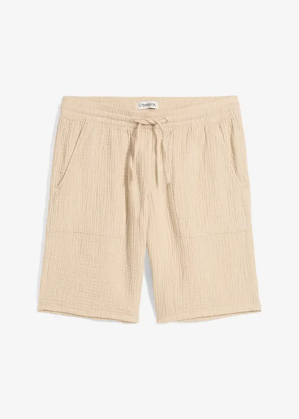 Musselin-Schlupf-Bermuda aus reiner Baumwolle in beige von vorne - bonprix Musselin-Schlupf-Bermuda aus reiner Baumwolle in beige von vorne - bonprix