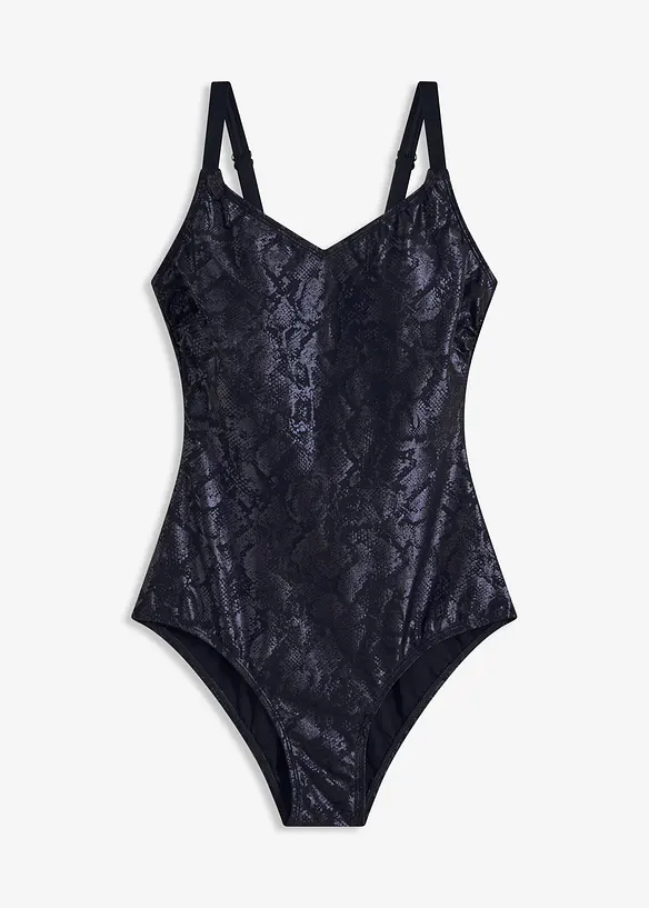 Badeanzug mit glänzendem Schlangenmuster in blau von vorne - bonprix