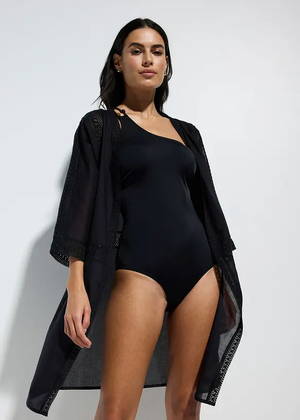 Offene Strandtunika mit Spitze in schwarz von vorne (im Anschnitt) - bonprix