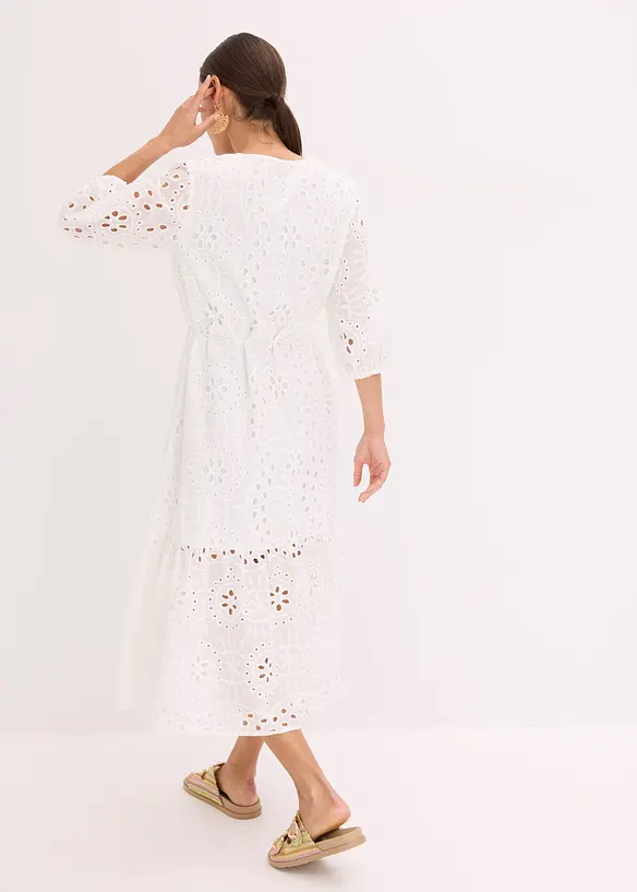 Midikleid aus reiner Baumwolle mit Lochstickerei in weiß von hinten (Totalaufnahme) - bonprix Midikleid aus reiner Baumwolle mit Lochstickerei in weiß von hinten (Totalaufnahme) - bonprix