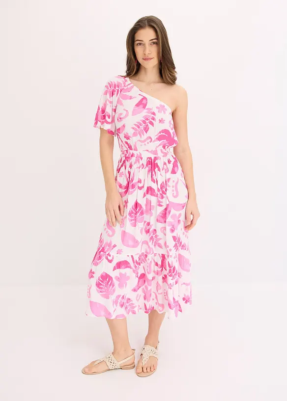 One-Shoulder-Kleid aus strukturierter Viskose in weiß von vorne (Totalaufnahme) - bonprix