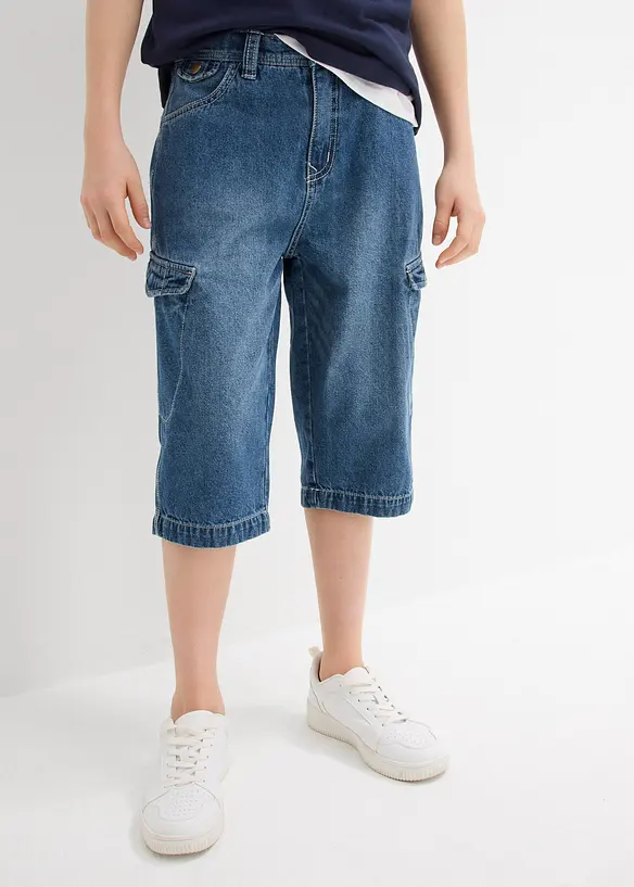 Jeans-Cargobermuda mit verstellbarem Bund, Loose Fit in blau von vorne - bonprix