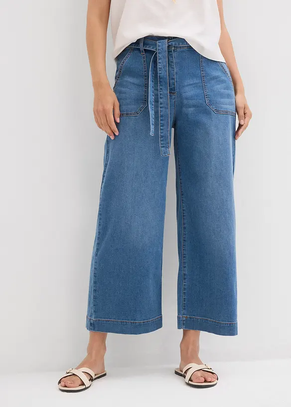 Wide-Leg-Jeans High Waist, Bequembund cropped in blau von vorne - bonprix