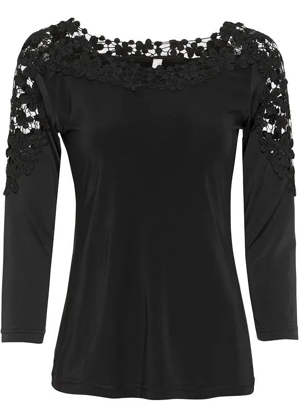 Shirt mit Häkeleinsatz und 3/4 Arm in schwarz von vorne - bonprix