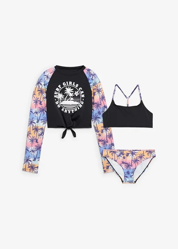 Bikini und  cropped Badeshirt (3-tlg. Set) in schwarz von vorne - bonprix