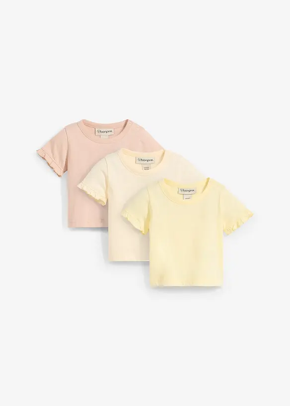 T-Shirts aus Bio-Baumwolle mit Volants (3er Pack) in gelb von vorne - bonprix