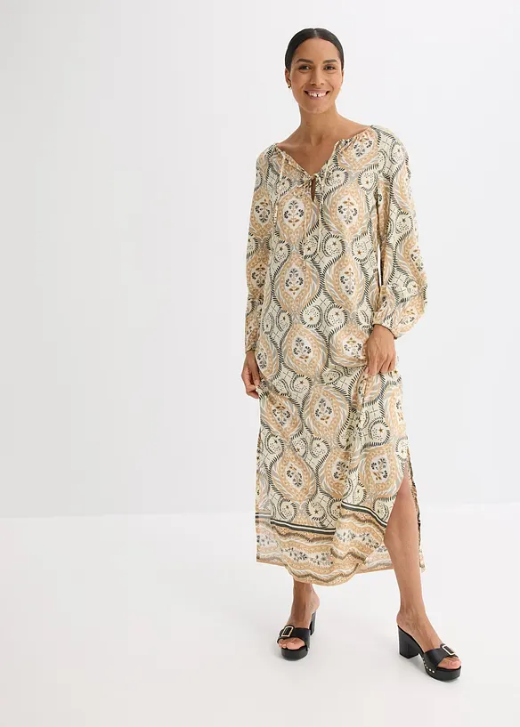 bedrucktes Kaftan-Kleid aus fließender Viskose in beige von vorne (Totalaufnahme) - bonprix