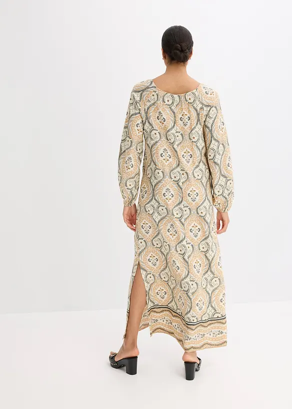 bedrucktes Kaftan-Kleid aus fließender Viskose in beige von hinten (Totalaufnahme) - bonprix