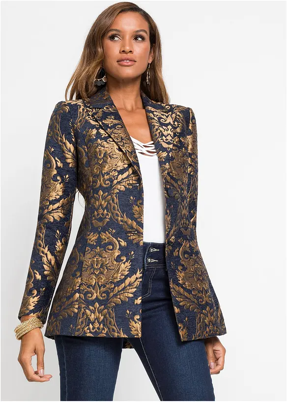 Blazer aus glänzendem Jacquard in blau von vorne (im Anschnitt) - bonprix