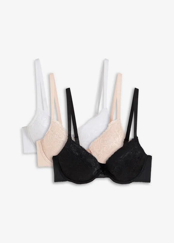 Push-up-BH mit feiner Spitze (3er Pack) in weiß von vorne - bonprix