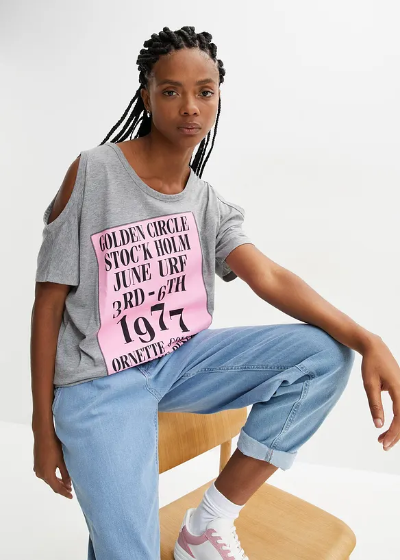 Cold-Shoulder-Shirt in grau von vorne (im Anschnitt) - bonprix