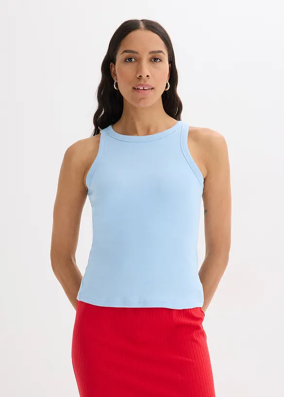 Geripptes Tanktop in blau von vorne (im Anschnitt) - bonprix Geripptes Tanktop in blau von vorne (im Anschnitt) - bonprix