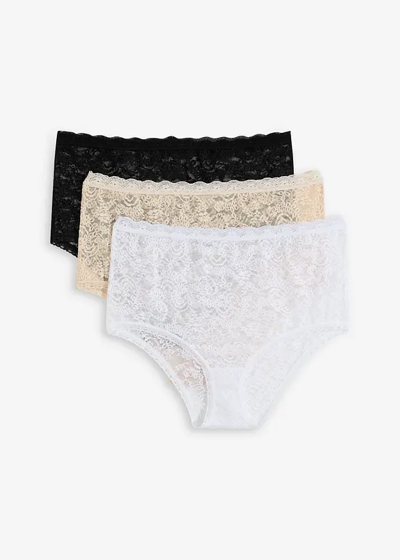 Highwaist Slip aus Spitze (3er Pack) in schwarz von vorne - bonprix