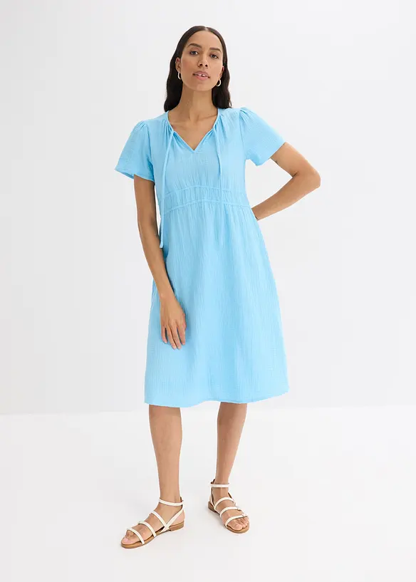 Musselin-Tunika-Kleid aus reiner Baumwolle in blau von vorne (Totalaufnahme) - bonprix Musselin-Tunika-Kleid aus reiner Baumwolle in blau von vorne (Totalaufnahme) - bonprix