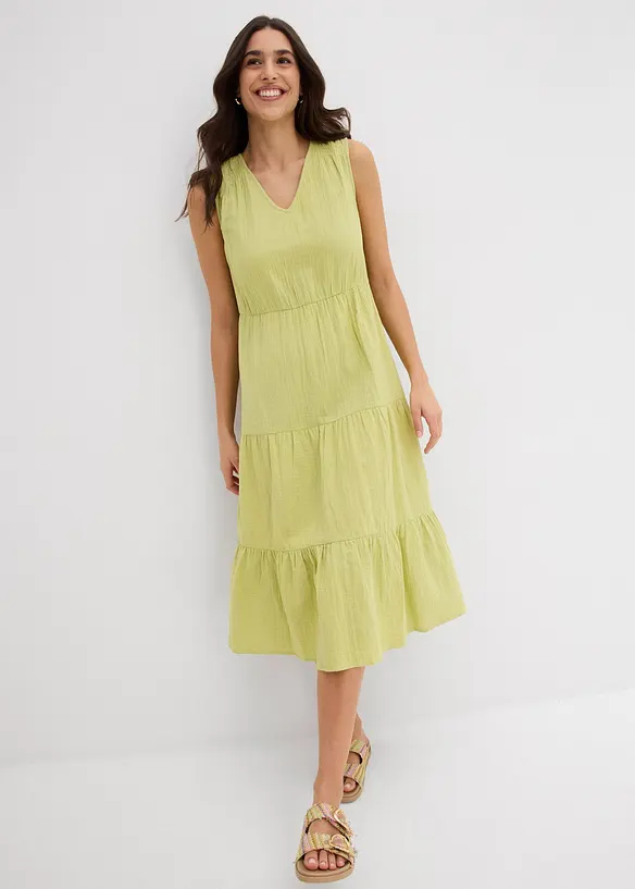 Baumwoll-Midikleid aus weichem Musselin in grün von vorne (Totalaufnahme) - bonprix