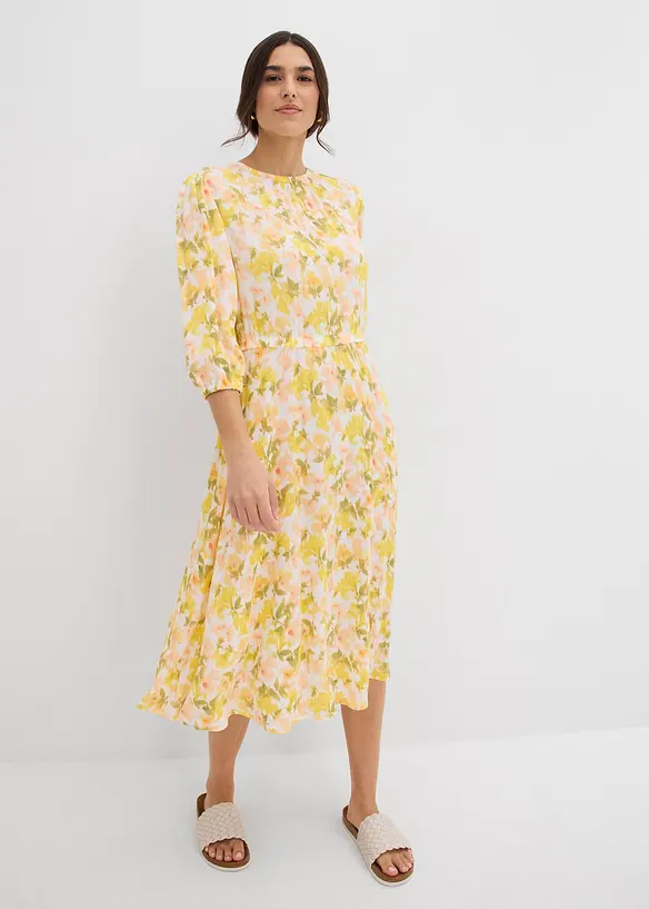 Crinkle-Midikleid aus Viskose in weiß von vorne (Totalaufnahme) - bonprix