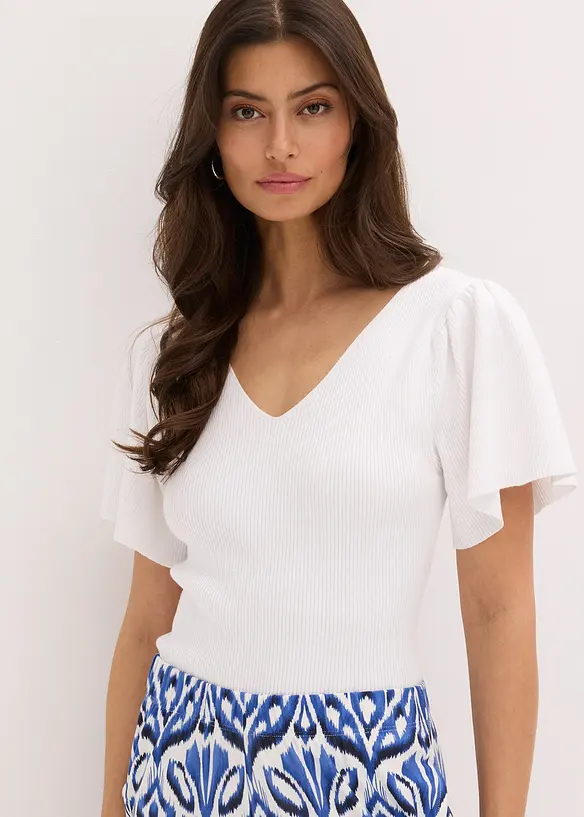 Ripp-Pullover aus Viskose-Mix in weiß von vorne (im Anschnitt) - bonprix