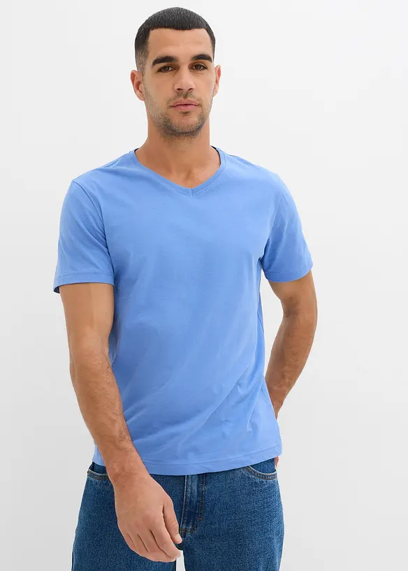 T-Shirt mit V-Ausschnitt (3er Pack) in blau von vorne (im Anschnitt) - bonprix