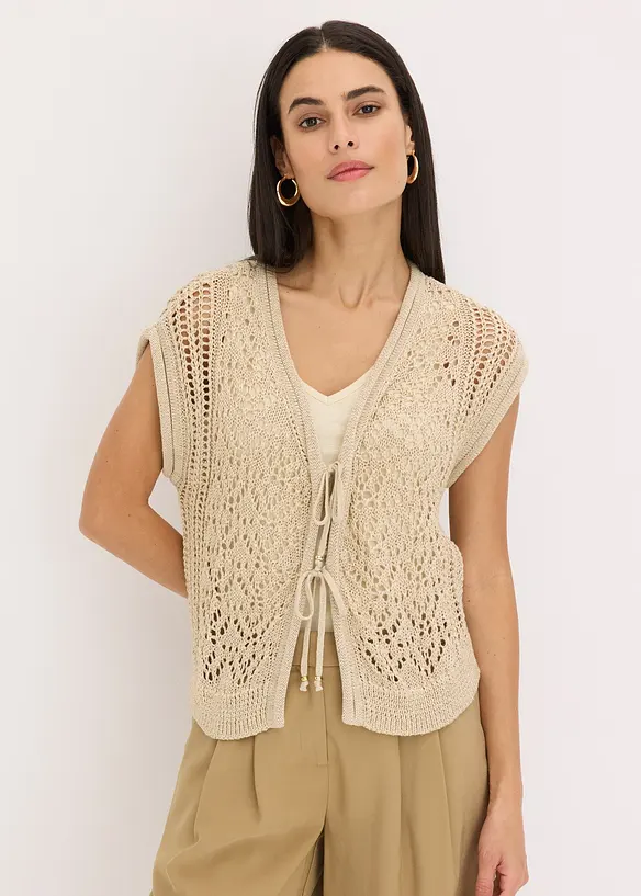 Ajour-Strickweste mit Viskose und Glitzergarn in beige von vorne (im Anschnitt) - bonprix