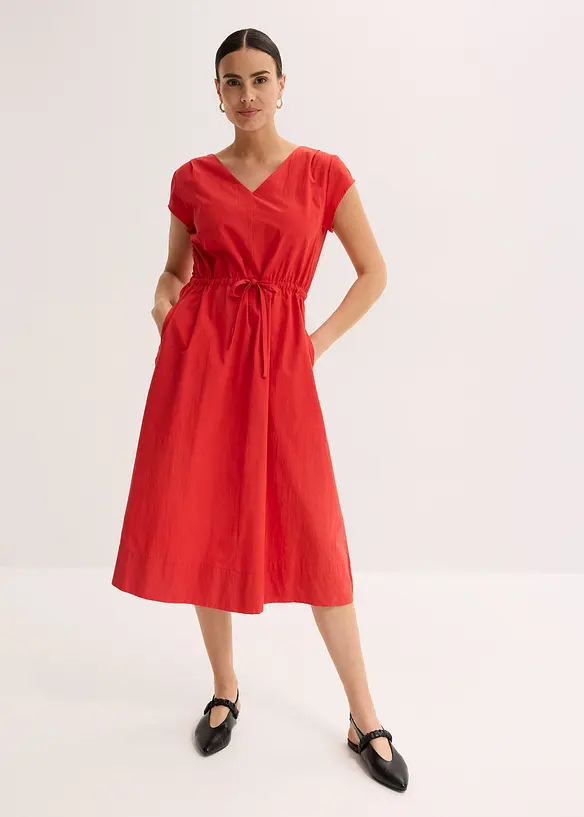 Baumwoll-Popeline- Kleid mit variablem Zugband in rot von vorne (Totalaufnahme) - bonprix