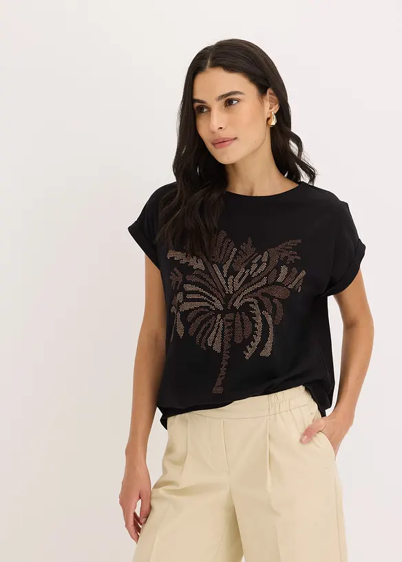 Shirt aus Baumwolle mit Nietenapplikation in schwarz von vorne (im Anschnitt) - bonprix Shirt aus Baumwolle mit Nietenapplikation in schwarz von vorne (im Anschnitt) - bonprix