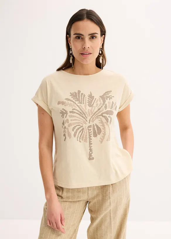 Shirt aus Baumwolle mit Nietenapplikation in beige von vorne (im Anschnitt) - bonprix Shirt aus Baumwolle mit Nietenapplikation in beige von vorne (im Anschnitt) - bonprix
