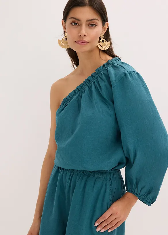 One-Shoulder Bluse mit Leinenanteil in petrol von vorne (im Anschnitt) - bonprix One-Shoulder Bluse mit Leinenanteil in petrol von vorne (im Anschnitt) - bonprix