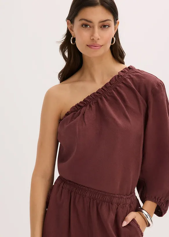 One-Shoulder Bluse mit Leinenanteil in braun von vorne (im Anschnitt) - bonprix One-Shoulder Bluse mit Leinenanteil in braun von vorne (im Anschnitt) - bonprix
