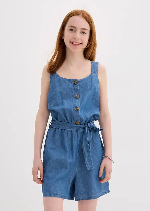 Jeans-Jumpsuit aus fließender Baumwolle in blau von vorne (Totalaufnahme) - bonprix