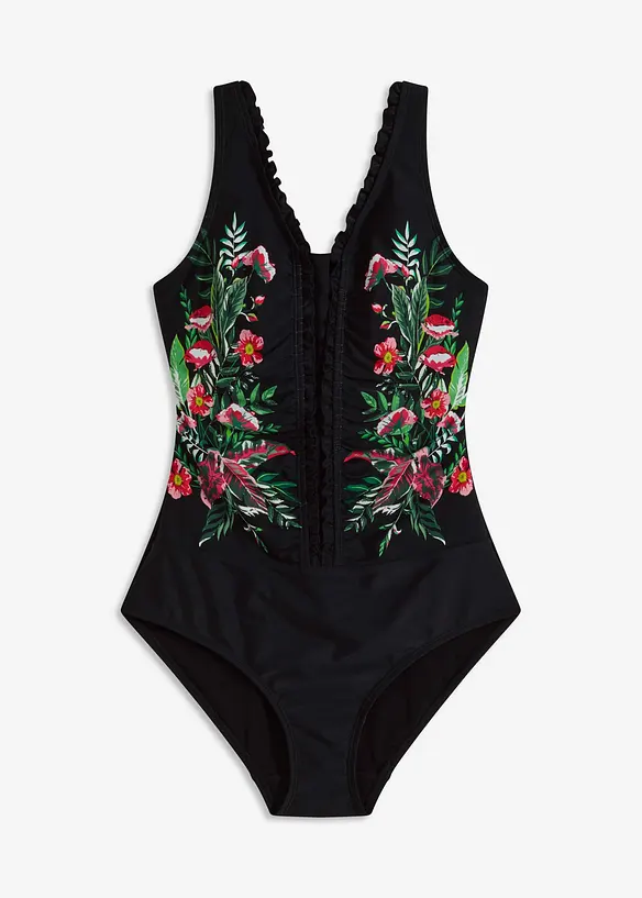 Medium Shape-Badeanzug mit Volants in schwarz von vorne - bonprix