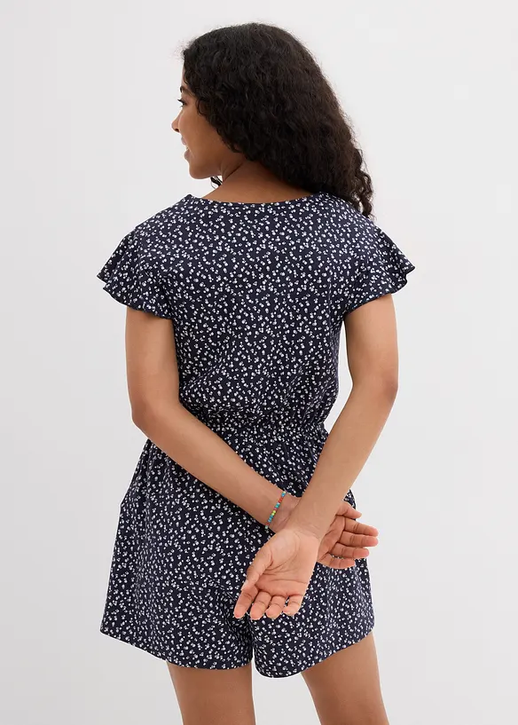 Jersey-Jumpsuit aus elastischem Bio-Baumwoll-Mix in blau von hinten (Totalaufnahme) - bonprix